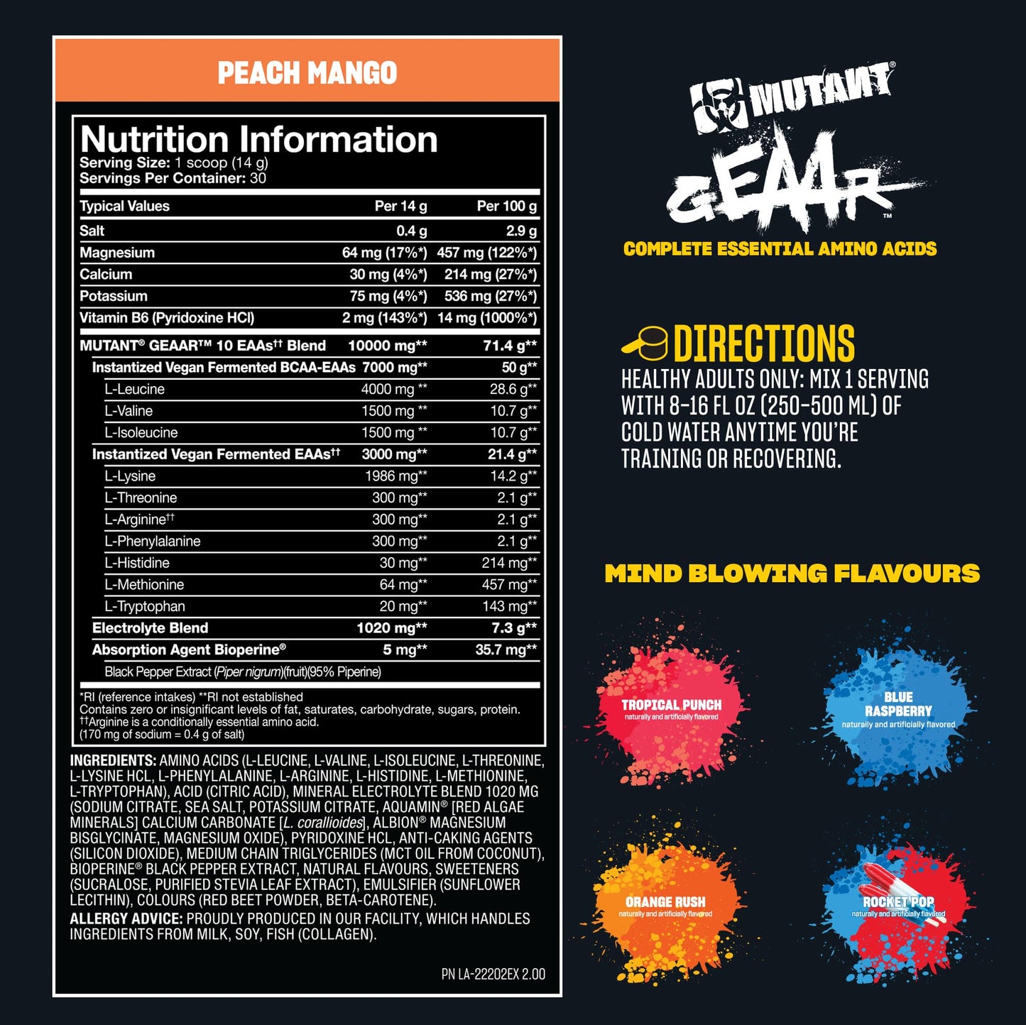 Mutant MUTANT GEAAR - Complete Essential Amino Acids | 10g EAAs + Arginine | Vegan | Electrolytes | No Synthetic Colors or Flavours | Muscle Recovery & Hydration | 420g | 30 Serves | Peach Mango