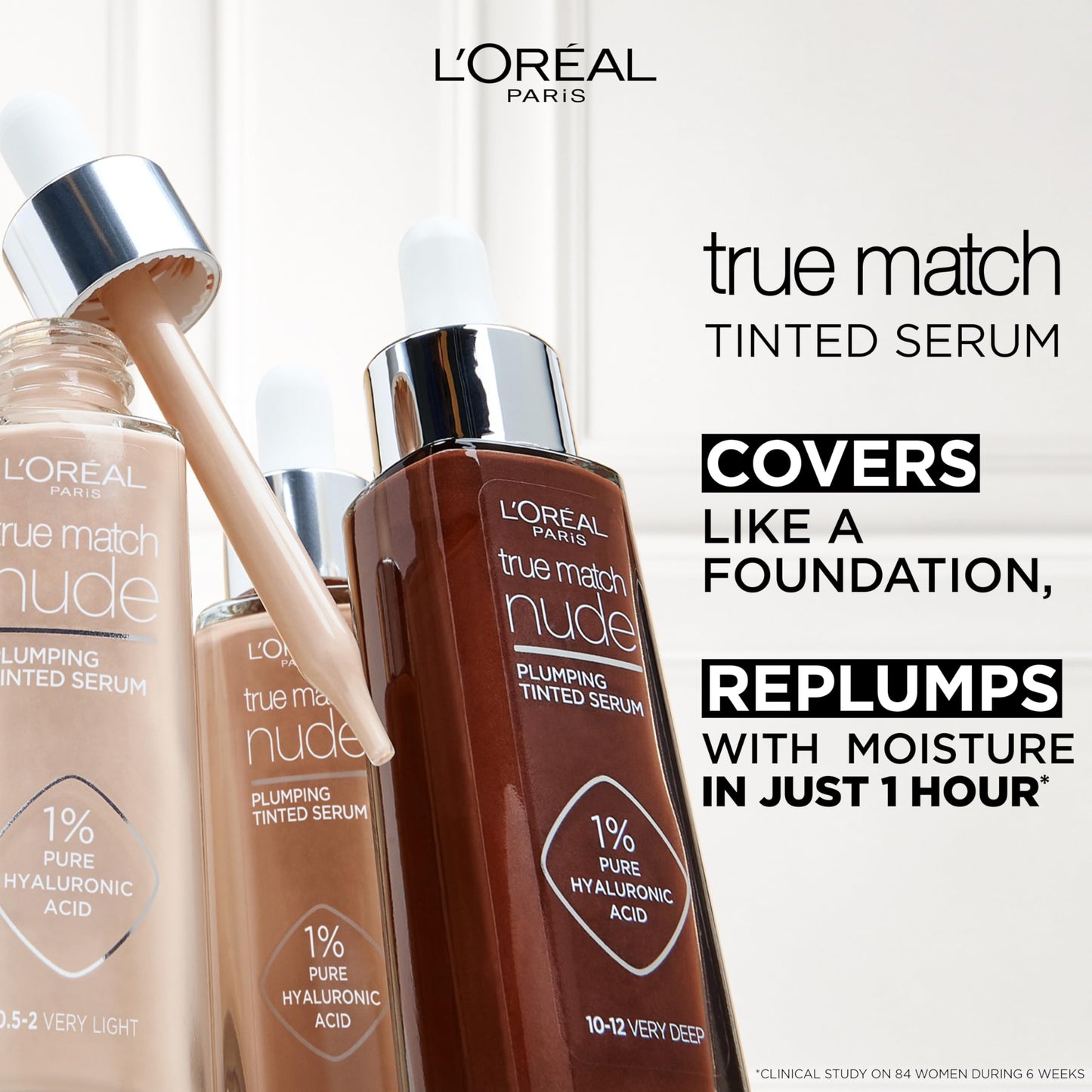 L'Oreal Paris L'Oréal Paris Nude Tinted Serum for Face, Plumping and Hydrating Face Makeup, 1 Percent Pure Hyaluronic Acid, Nude Foundation to Cover, Replumps and Hydrates Skin in One Hour, Shade 4-5 Medium
