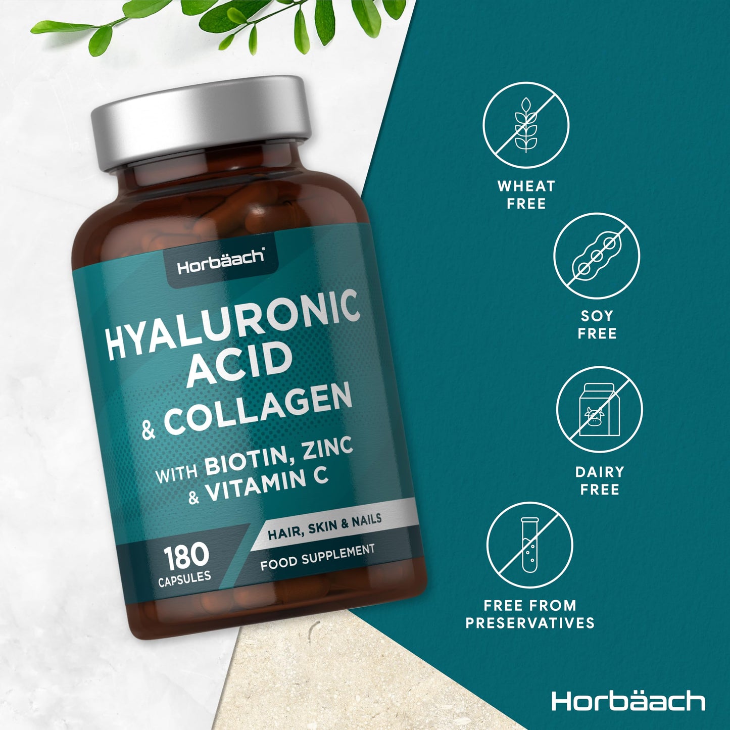 Horbäach Hyaluronic Acid Supplement with Collagen | 180 Capsules | High Strength Complex with Biotin, Zinc and Vitamin C | Hair, Skin and Nails Formula | by Horbaach