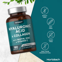 Horbäach Hyaluronic Acid Supplement with Collagen | 180 Capsules | High Strength Complex with Biotin, Zinc and Vitamin C | Hair, Skin and Nails Formula | by Horbaach