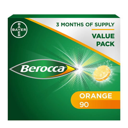 Berocca Vitamin C Effervescent Tablets, with Magnesium, Vitamin B12 & Vitamin B Complex, Orange Flavour, 1 Pack of 90 Tablets - 12 Weeks Supply