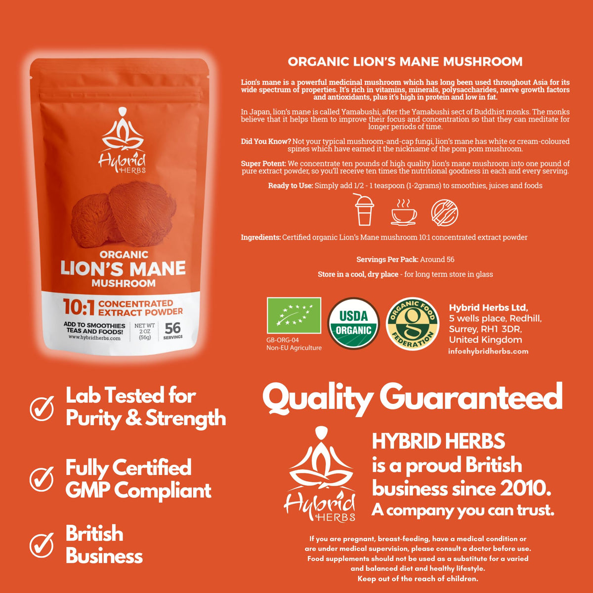 Hybrid Herbs HYBRID HERBS Organic Lion's Mane Mushroom Powder 56g - 10:1 Extract | Nootropic Brain Supplement for Focus, Memory & Concentration | High in Beta Glucans & Hericenones | Vegan | 56 Servings