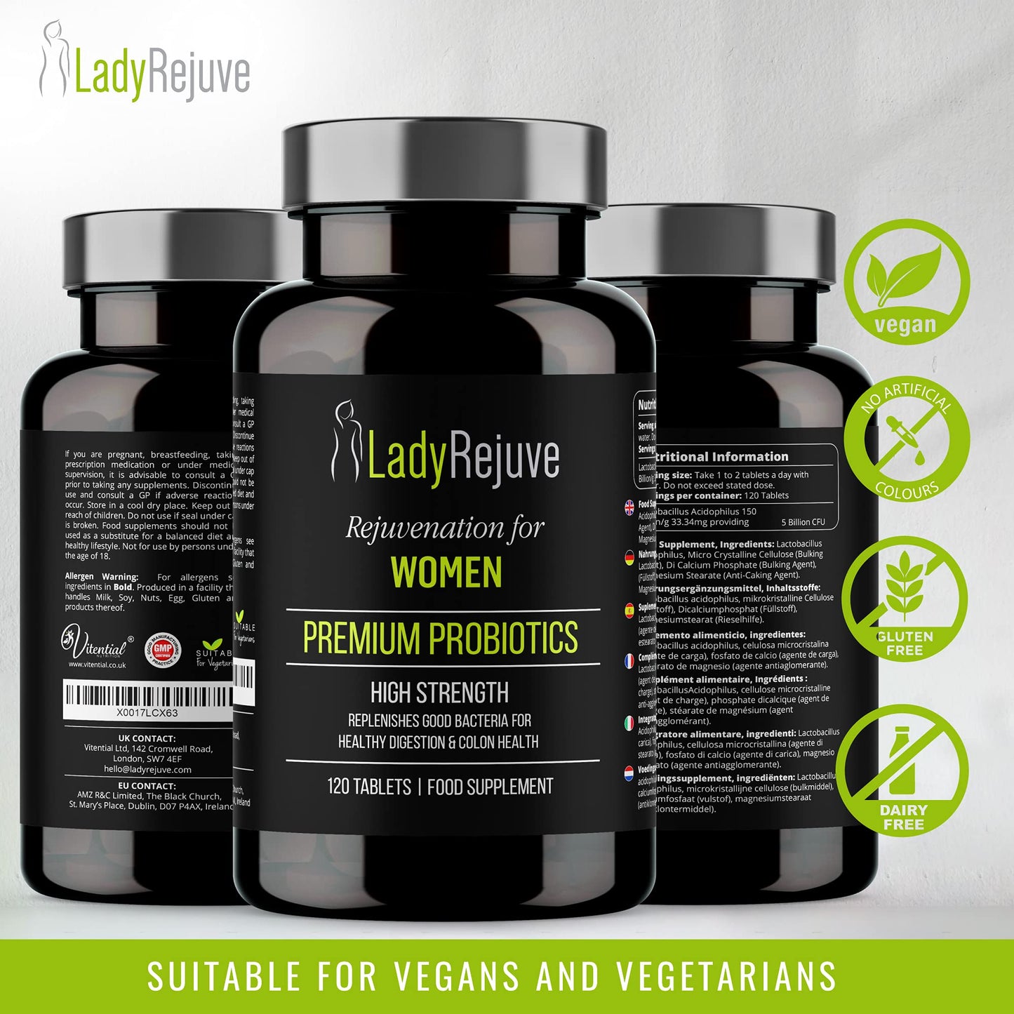 LadyRejuve Premium Probiotics | 120 Vegan Tablets | 10 Billion CFU - Specially Formulated Probiotic Supplement for Women | Supports Digestive Gut Health | Provides Constipation Relief for Adults