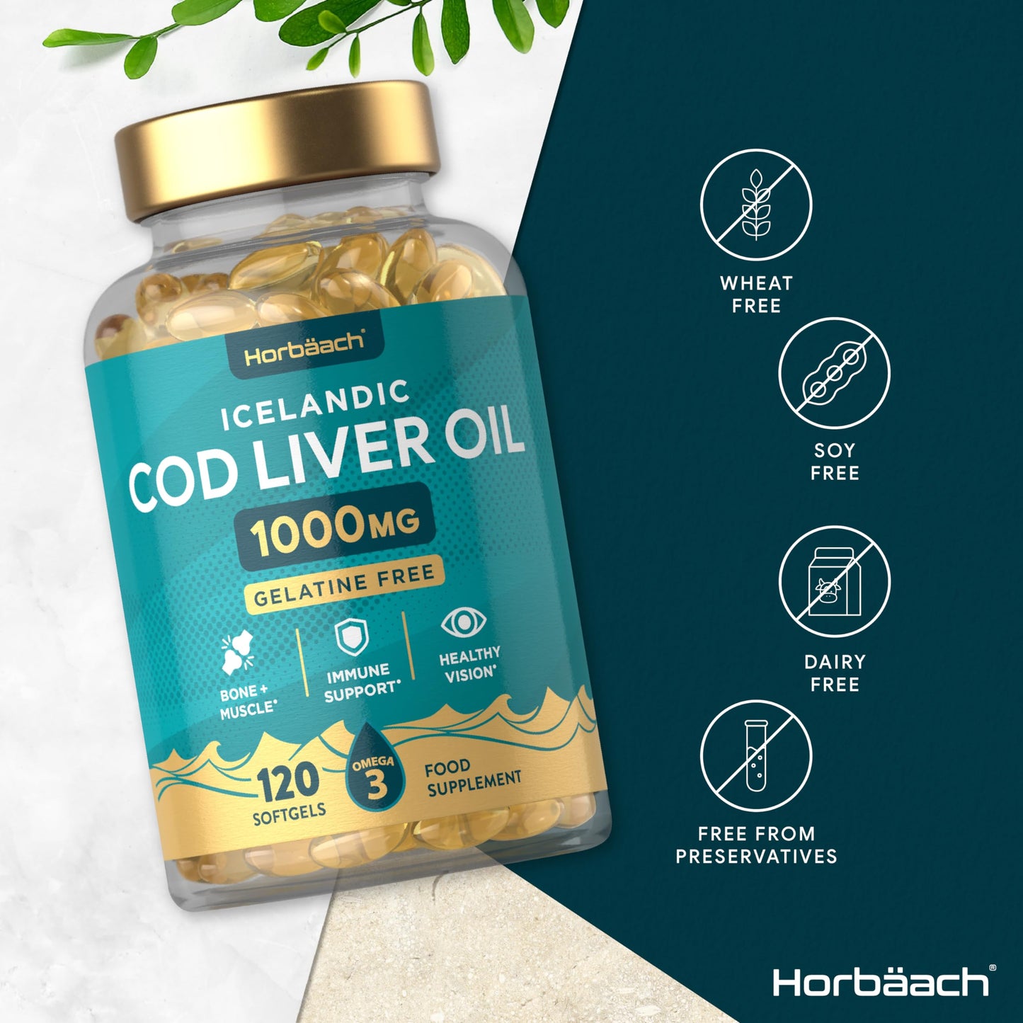 Cod Liver Oil Capsules High Strength 1000mg | 120 Count | Gelatine Free | with Vitamin A, D and Omega 3 DHA/EPA | Suitable for Pescatarians | by Horbaach