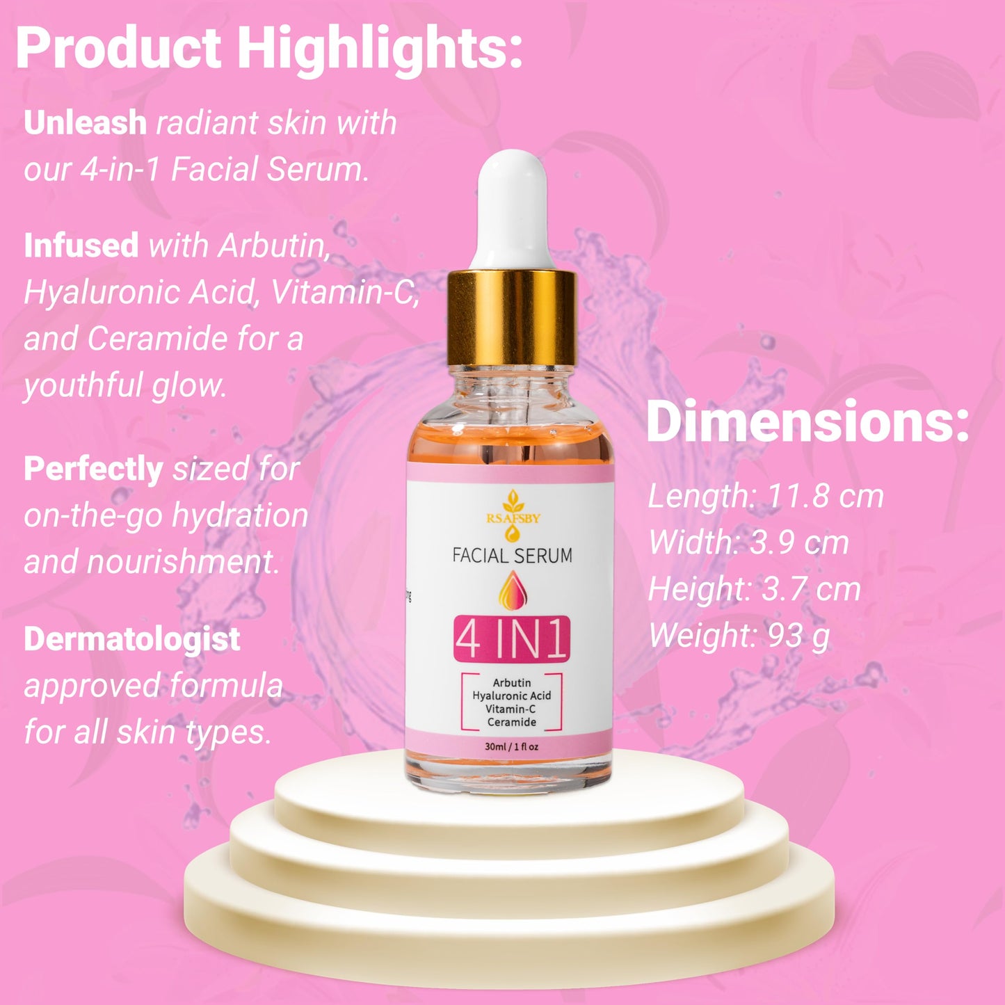 RSAFSBY 4-in-1 Facial Serum with Arbutin, Hyaluronic Acid, Vitamin C & Ceramide – Brightening, Anti-Aging & Hydrating Serum for Dark Spots, Hyperpigmentation & Acne Scars – 30ml