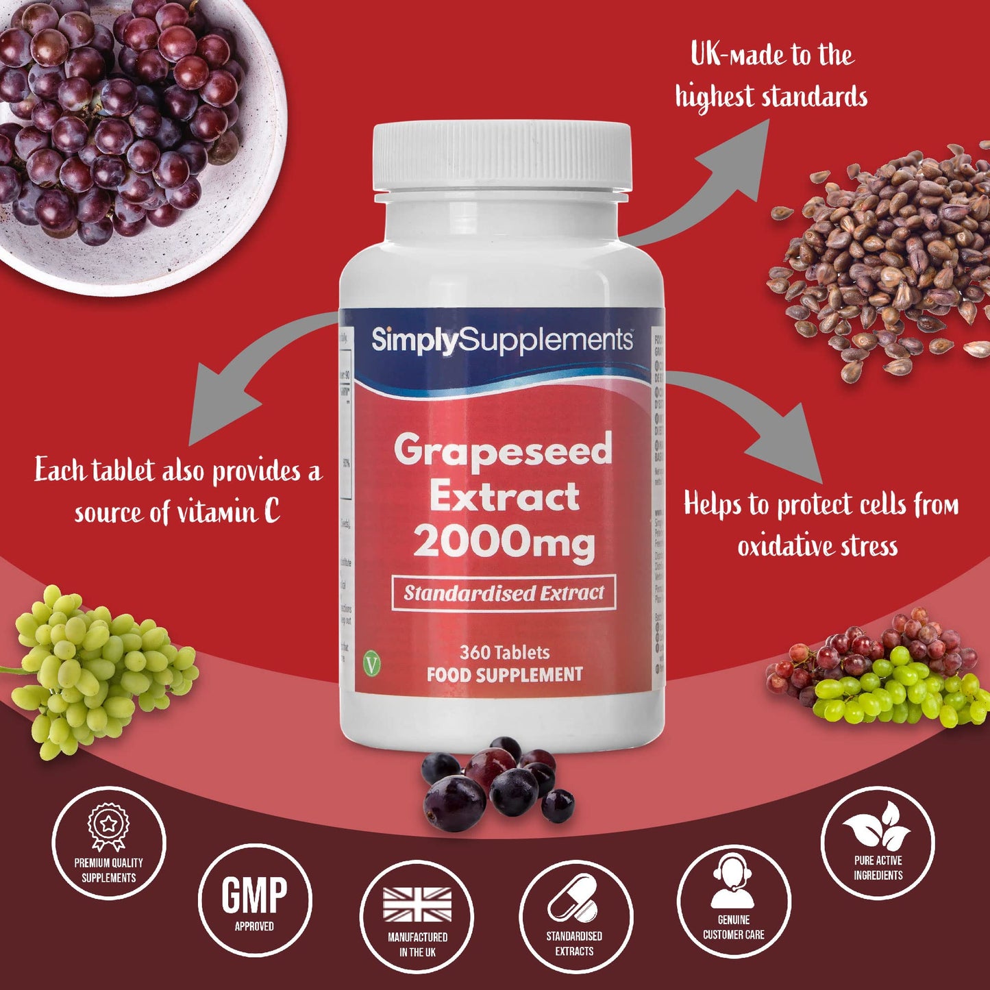Simply Supplements Grapeseed Extract 2000mg | 360 High Strength Grapeseed Tablets with Added Vitamin C | Vegan & Vegetarian Friendly | Manufactured in The UK