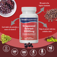 Simply Supplements Grapeseed Extract 2000mg | 360 High Strength Grapeseed Tablets with Added Vitamin C | Vegan & Vegetarian Friendly | Manufactured in The UK