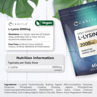 L-Lysine 2000mg | 60 Tablets | Essential Amino Acid | High Strength Vegan Supplement | by Carlyle