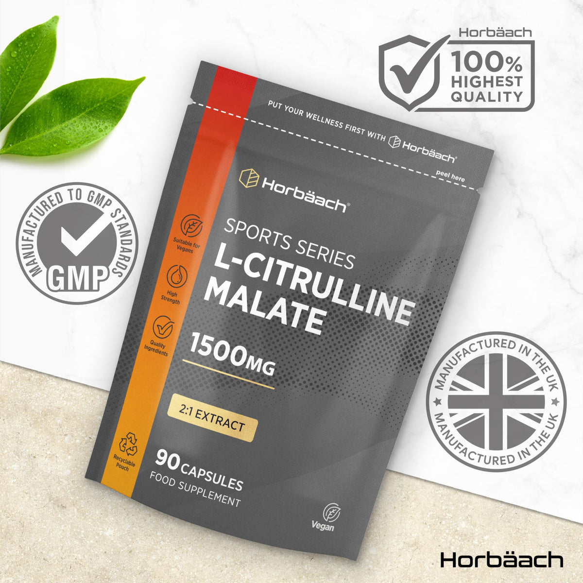 Horbäach L Citrulline Malate Capsules | High Strength 1500mg Supplement for Men and Women | 2:1 Extract | 90 Count | Suitable for Vegans & Vegetarians | by Horbaach