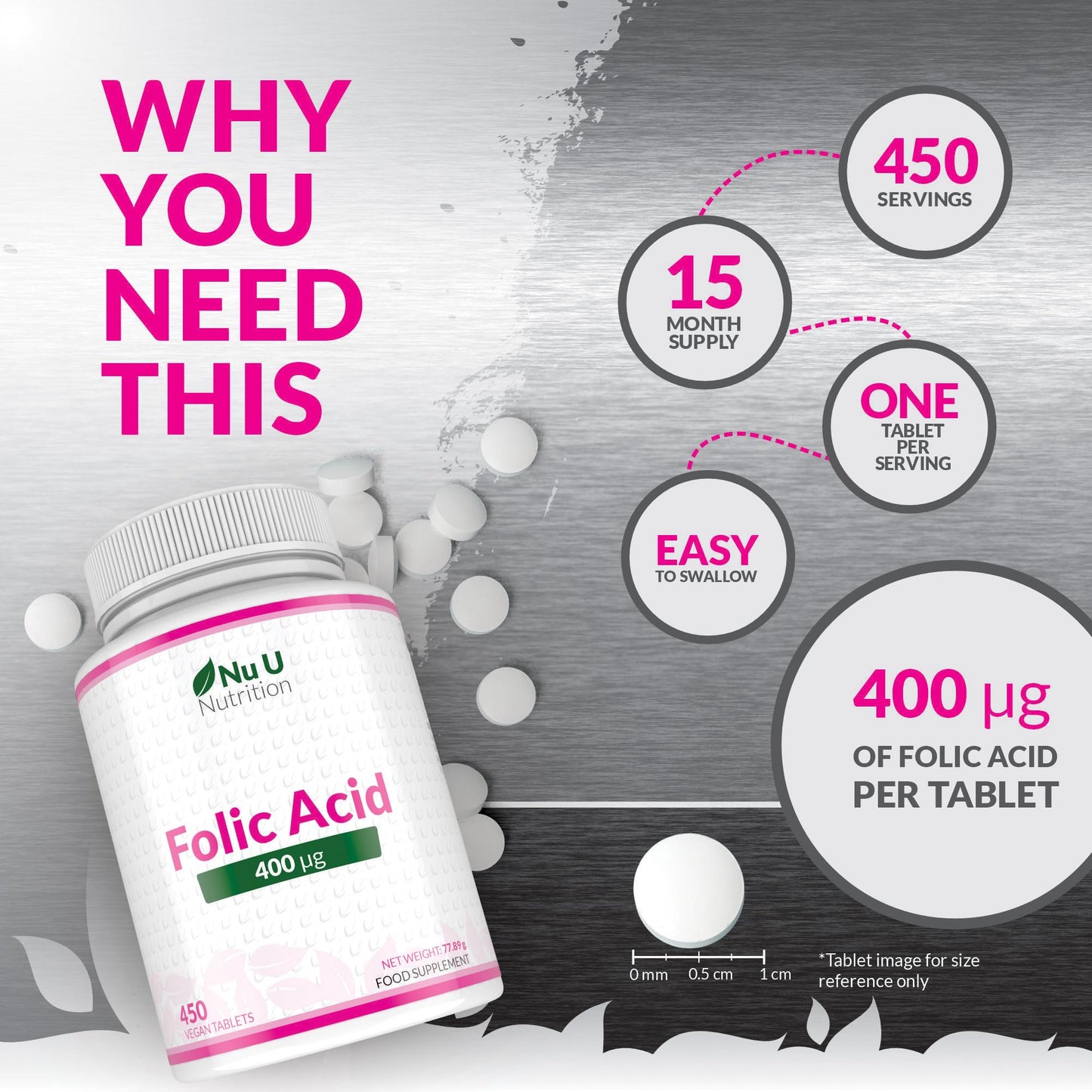 Nu U Nutrition Folic Acid 400 mcg - 450 Vegan Tablets - 15 Month Supply - High Strength Pregnancy Vitamins for Women - Vitamin B9 Supports Maternal Tissue Growth During Pregnancy - Prenatal Vitamins