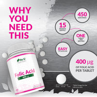 Nu U Nutrition Folic Acid 400 mcg - 450 Vegan Tablets - 15 Month Supply - High Strength Pregnancy Vitamins for Women - Vitamin B9 Supports Maternal Tissue Growth During Pregnancy - Prenatal Vitamins