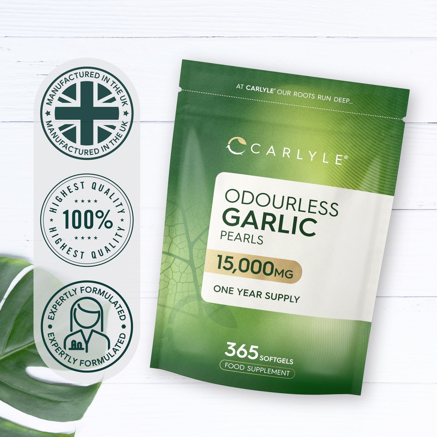 Odourless Garlic Capsules 15,000mg | 365 Count (1 Year Supply) | High Strength Garlic Oil Pearls with Allicin | By Carlyle