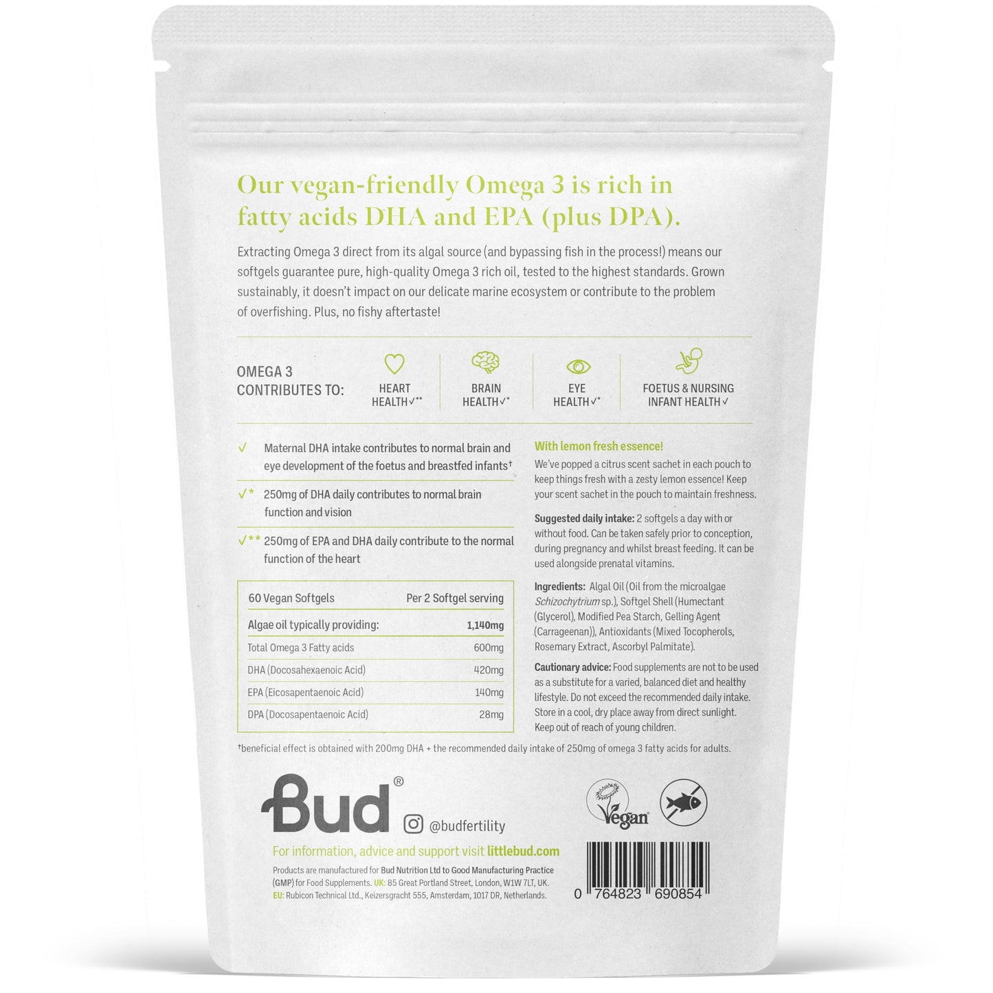 Bud Vegan Omega 3 Supplements - High-Strength DHA EPA & DPA - Premium Plant-Based Algae Oil Omega 3 - Omega Supports Brain, Eye & Heart Health - 60 Omega 3 Vegan Capsules (1 Month Supply)