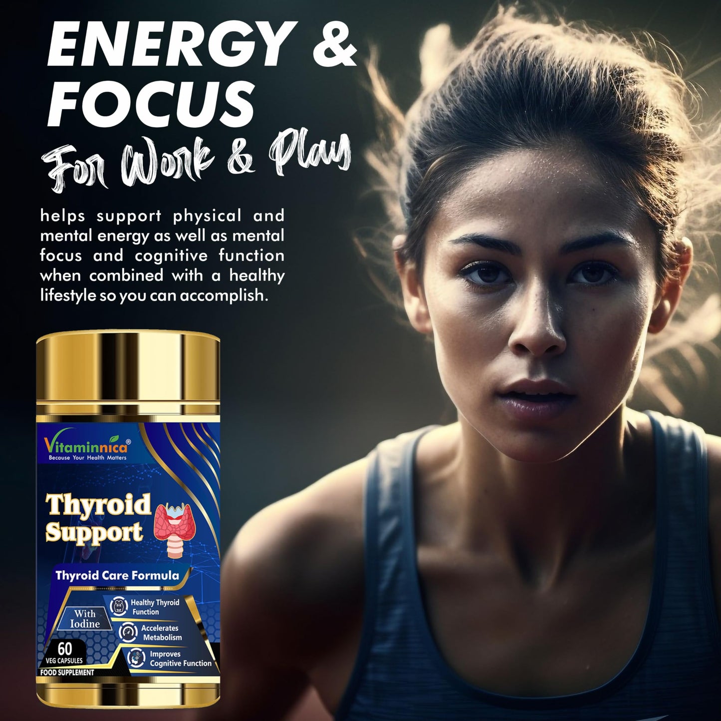 Vitaminnica Because your Health Matters Vitaminnica Thyroid Support - Supplement for Women and Men - Energy & Focus Formula - Vegetarian & Non-GMO - Iodine, Vitamin D3 Complex, Zinc, Selenium, Ashwagandha, Copper- 2 Months Supply