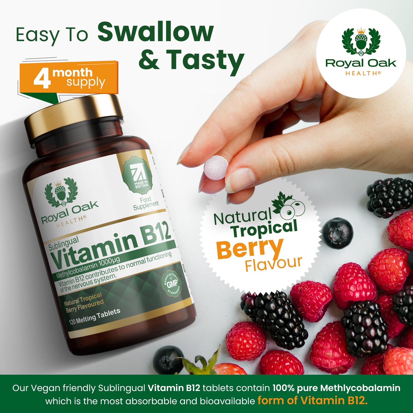 Vitamin B12 Tablets High Strength 1000mcg Sublingual Methylcobalamin, x120 Tablets (Tropical Berry Flavour) Active fast dissolving Vit B12 (4 Month Supply) Vegan Friendly Supplement - Royal Oak Health