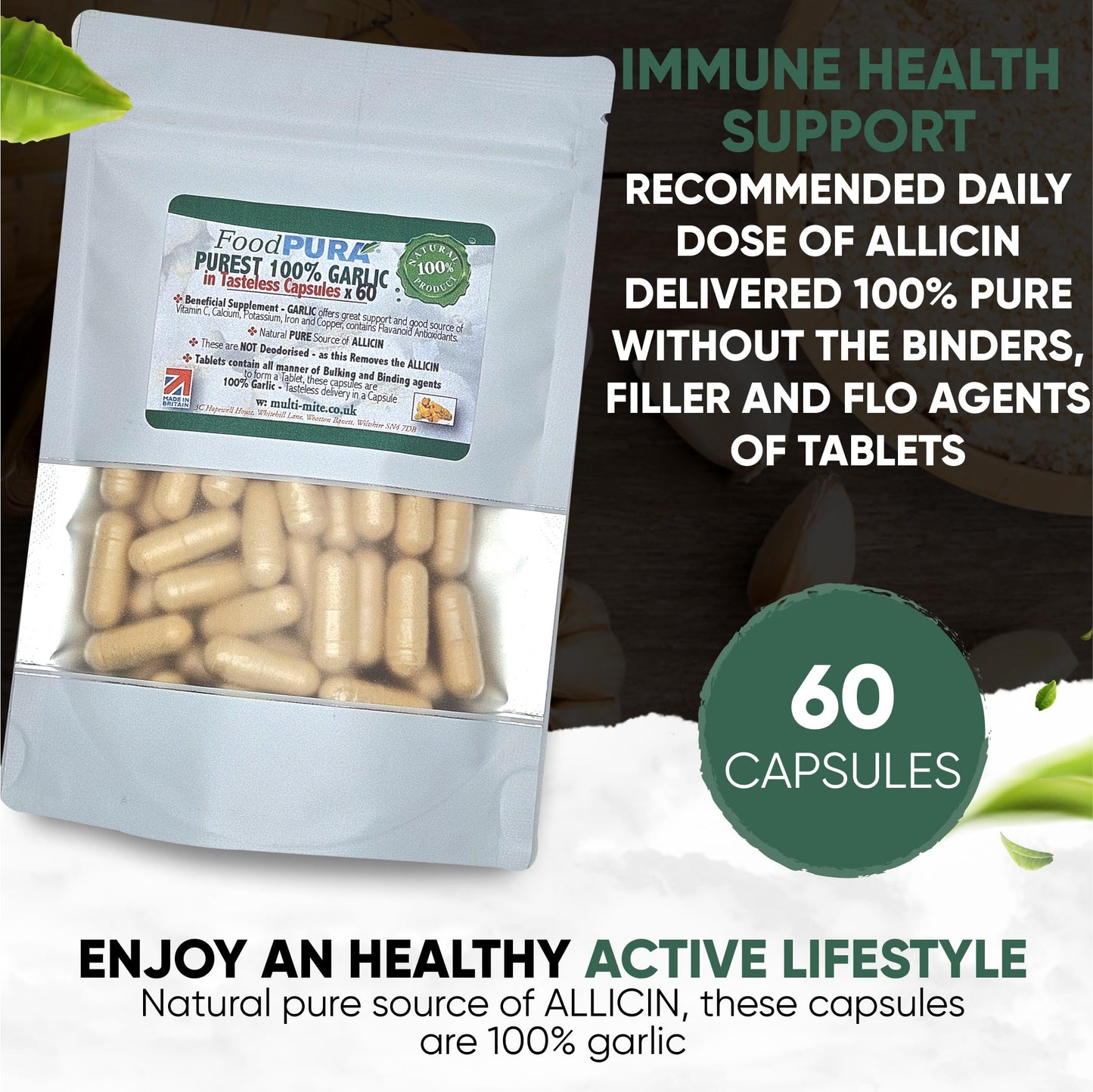 FoodPURA Pure Garlic Capsules Recommended Daily Strength 1000mg HACCP Certified, Manufactured in The UK by FoodPURA 1 Pack of 60 Capsules