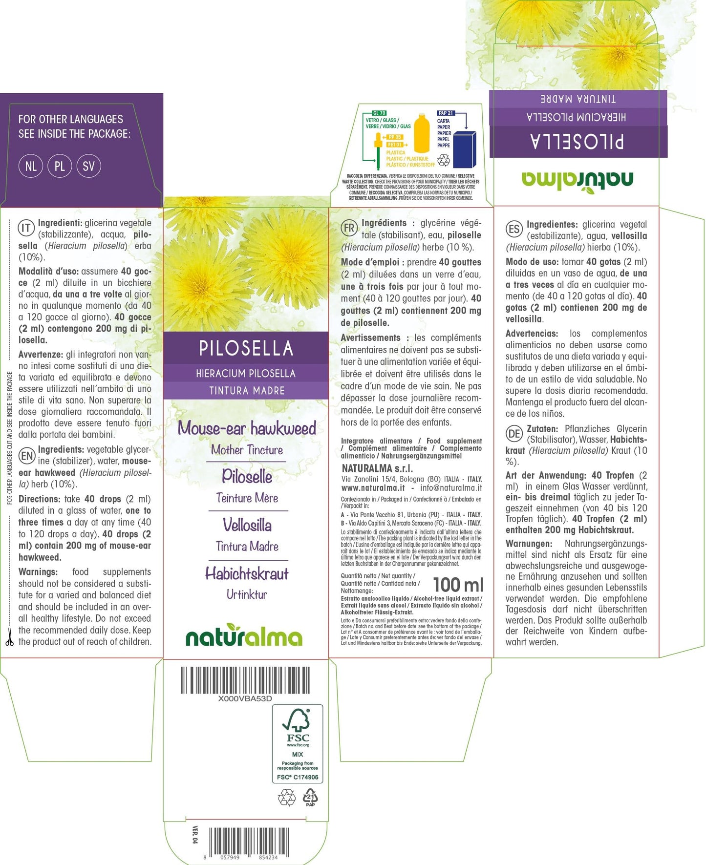 Mouse-Ear Hawkweed (Hieracium pilosella) herb Alcohol-Free Mother Tincture Naturalma | Liquid Extract Drops 100 ml | Food Supplement | Vegan