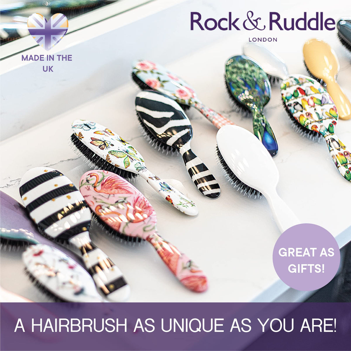 Rock & Ruddle Natural Pure Boar Bristle Hair Brush for Women & Kids (Small/Travel Size, 17.5cm) - Great for Wet & Dry Hair, Detangling Smoothing Blowdrying - Designed & Made in UK - Giraffe