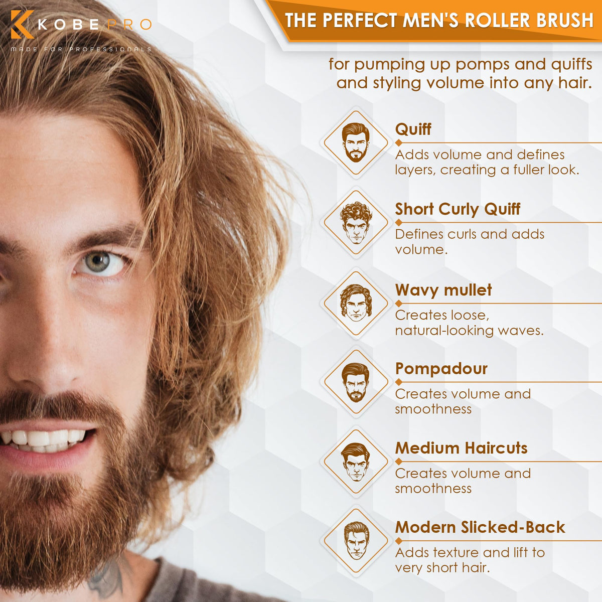 Kobe Professional Small Round Hair Brush and Quiff Roller for Men | Black 15mm 8-Row Double Bristles | Comfort Ball-Tipped Pins, Non-Slip Grip, Anti-Static Volumising Styling Tool Barber Supplies