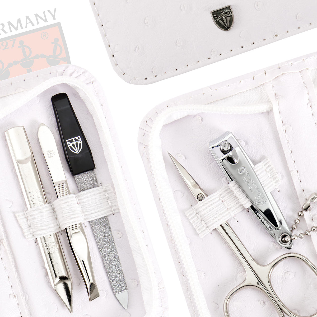 3 Swords Germany - manicure pedicure set kit - ostrich synthetic leather white
