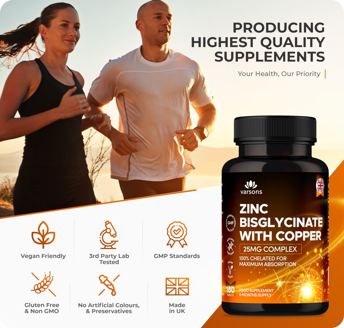 Zinc Bisglycinate 25mg with Copper, 6 Months Supply - Fully Chelated, Contributes Towards Immunity Support, Bones, Hair, Skin & Nails, Suitable for Vegans, Made in The UK