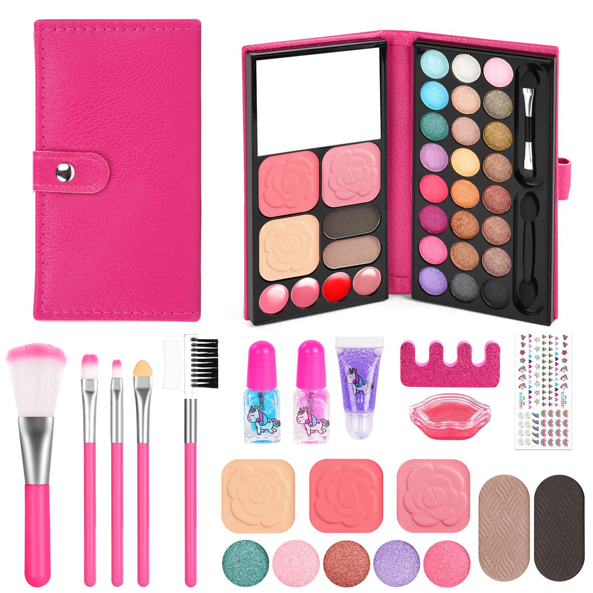 Aomig 33 Colors Kids Makeup Sets for Girls, 12 Pcs Princess Make Up Kit with 5 Brushes, Washable Children's Cosmetics Toys, Non-Toxic Makeup Kit, Cosmetic Beauty Set Gift for Kids Halloween Birthday