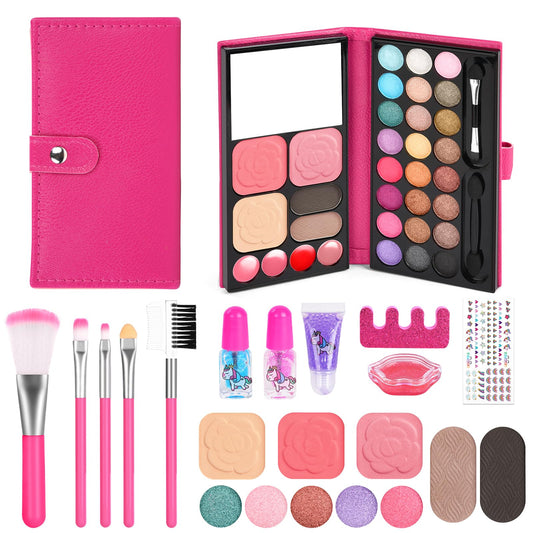 Aomig 33 Colors Kids Makeup Sets for Girls, 12 Pcs Princess Make Up Kit with 5 Brushes, Washable Children's Cosmetics Toys, Non-Toxic Makeup Kit, Cosmetic Beauty Set Gift for Kids Halloween Birthday