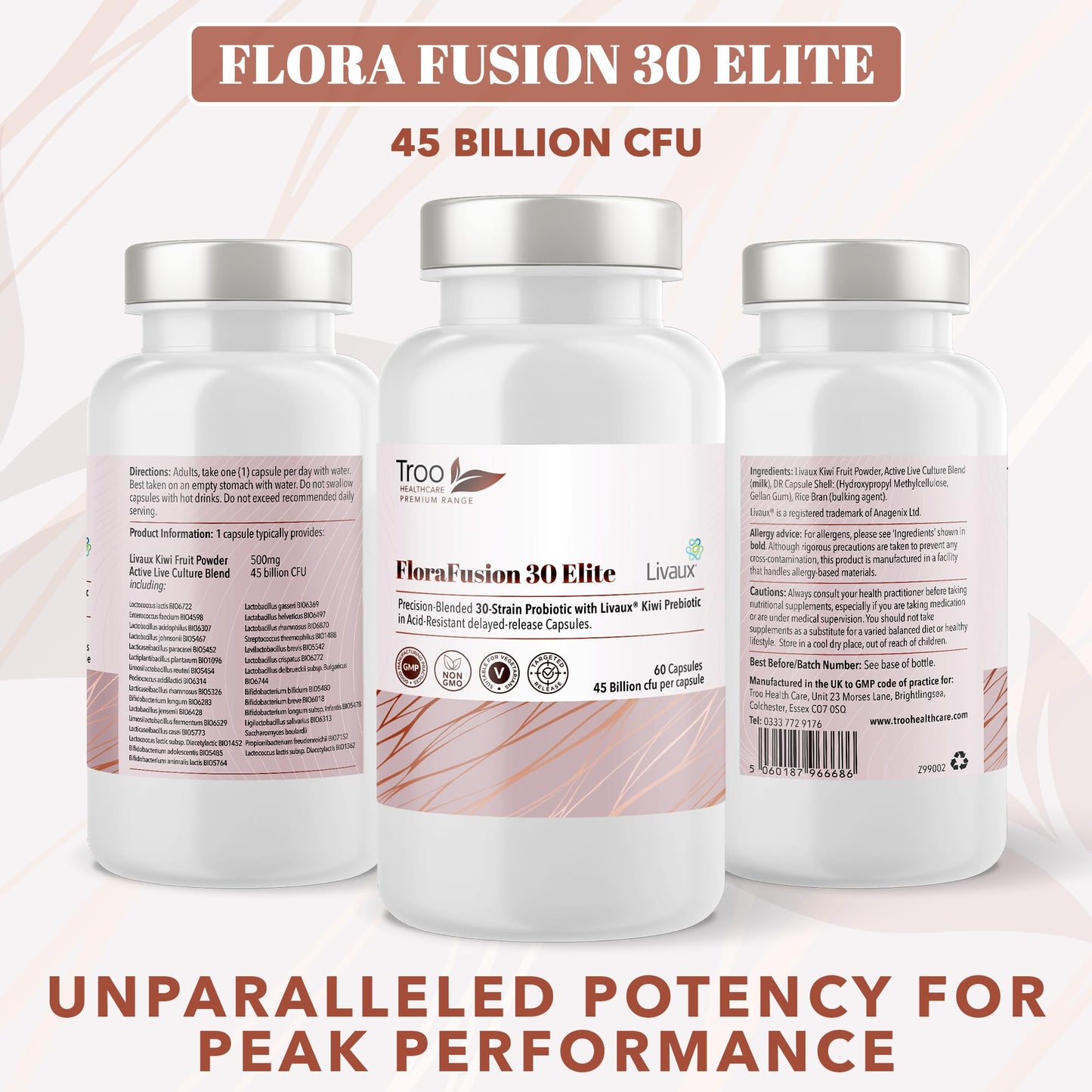 FloraFusion 30 Elite Advanced Probiotic and Livaux Prebiotic Active Cultures Supplement - 60 Capsules - 30 probiotics Strains with 45 Billion CFU Per Capsule (45 Billion CFU)