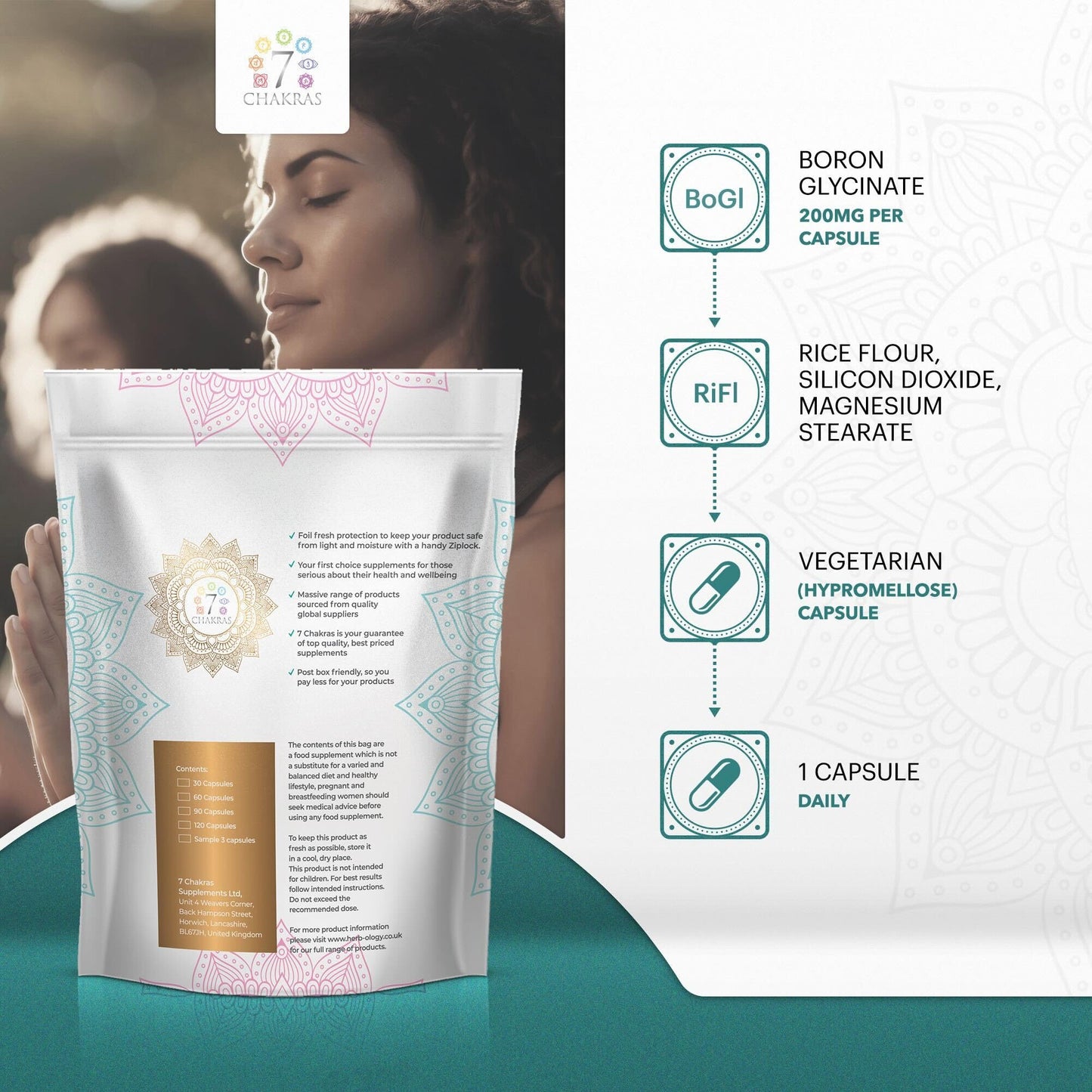 7 Chakras 7C Boron | 60 High Strength Supplements - 200mg Boron-Glycinate per Serving | Non-GMO, Gluten & Allergen Free | Manufactured in The UK