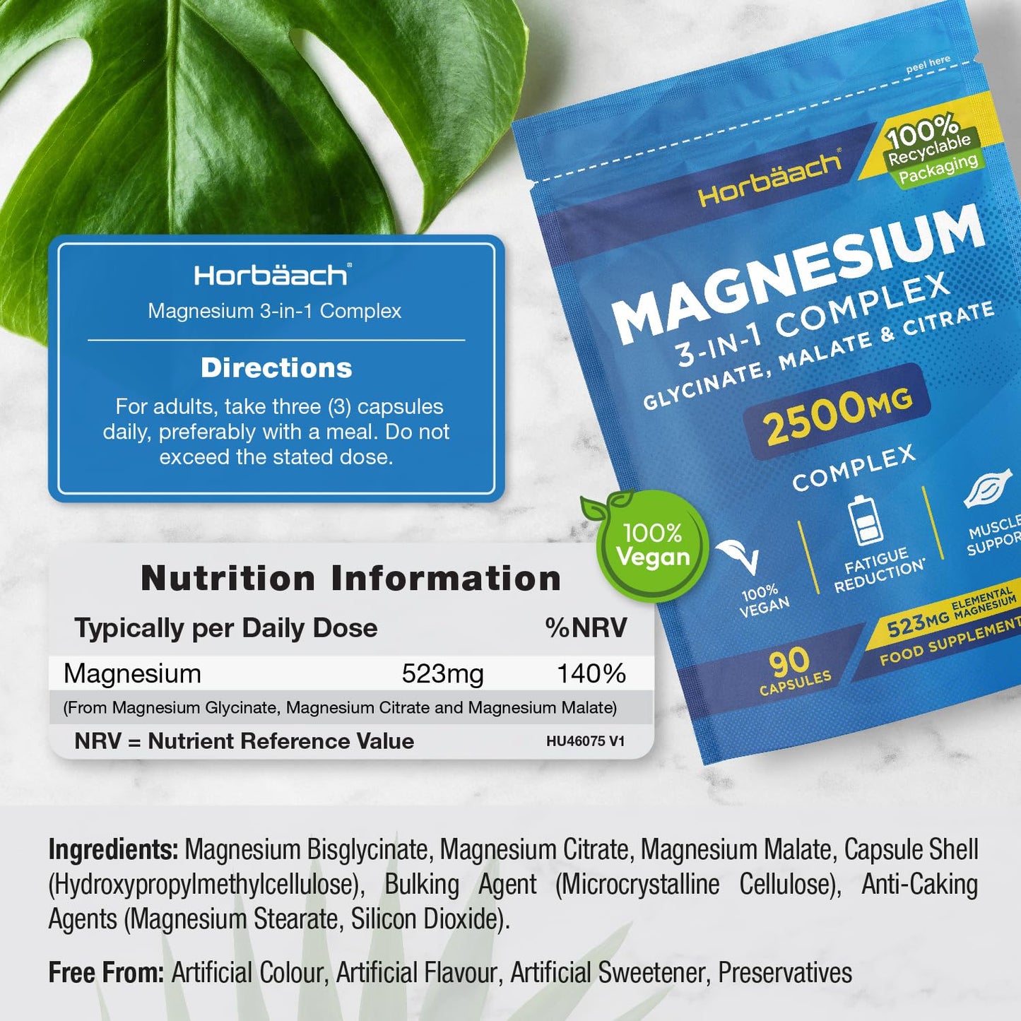 Magnesium Glycinate Supplements 2500mg | 3-in-1 Complex | 523mg Elemental Magnesium | Magnesium Bisglycinate, Malate & Citrate Triple Blend | 90 Vegan Capsules | by Horbaach
