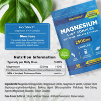 Magnesium Glycinate Supplements 2500mg | 3-in-1 Complex | 523mg Elemental Magnesium | Magnesium Bisglycinate, Malate & Citrate Triple Blend | 90 Vegan Capsules | by Horbaach