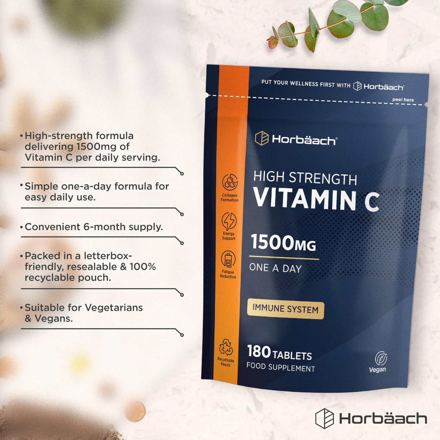 Horbäach Vitamin C Tablets 1500mg | 180 Count | High Strength Ascorbic Acid | Suitable for Vegetarians and Vegans | by Horbaach