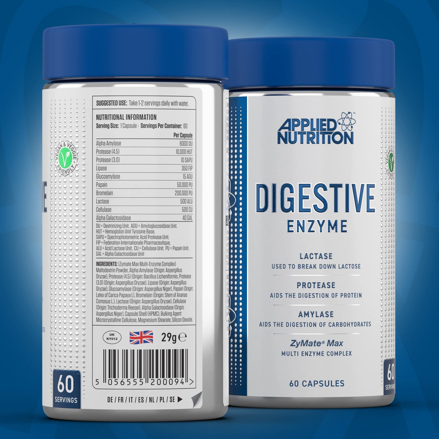 Applied Nutrition Digestive Enzyme - Vegan Digestive Enzymes Capsules, with Lactase, Protease, Amylase, Aids Digestion of Carbohydrates, Lactose, Proteins, Fats, for Flatulence Control (60 Servings)
