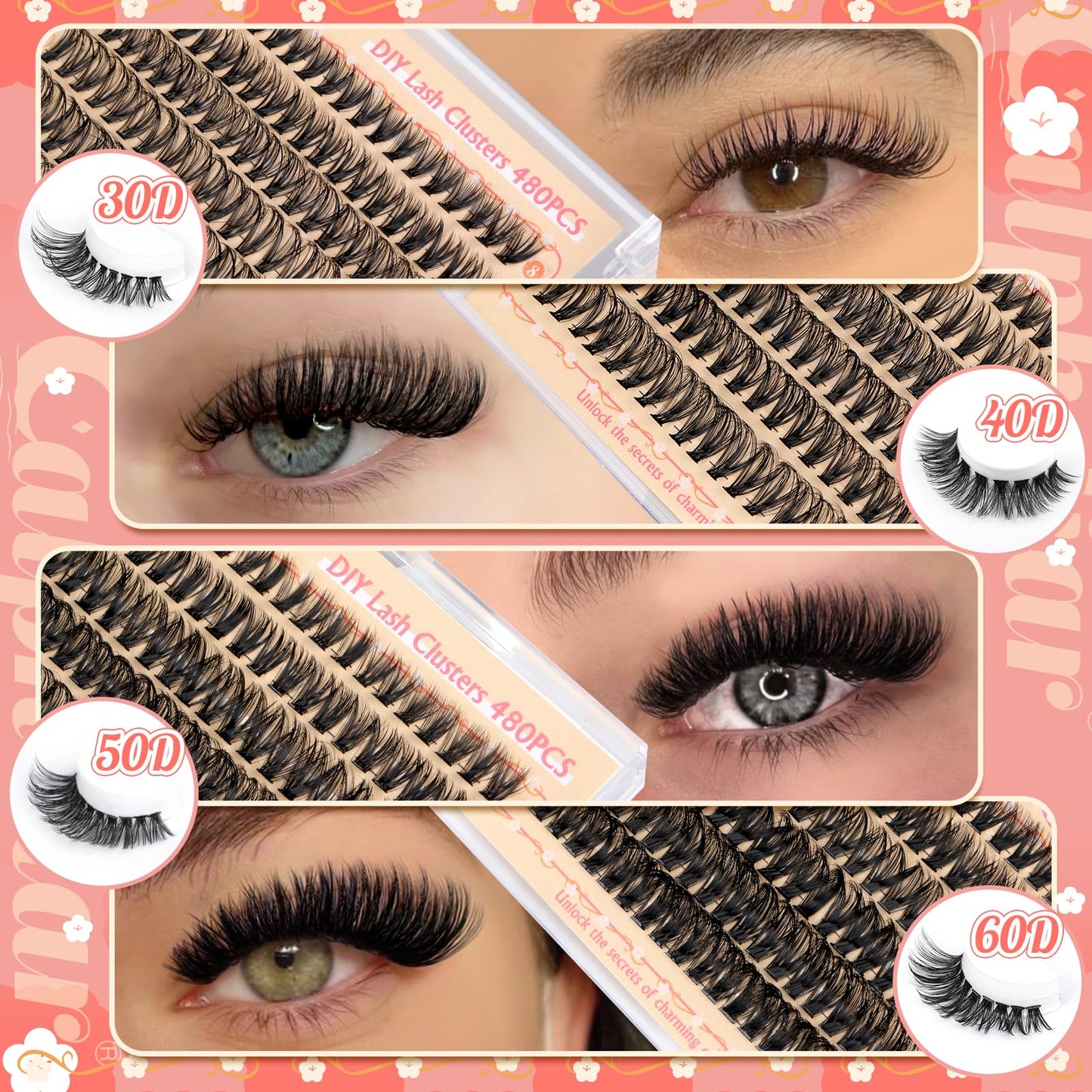 calphdiar Cluster Lashes 30D+40D+50D+60D Individual Eyelashes 480PCS Wispy Lashes Individual Cluster D Curl Eyelash Extensions 8-18MM Natural Volume Eyelash Clusters DIY Lash Extension for Beginners