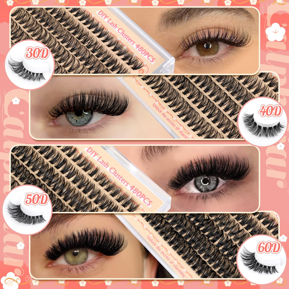 calphdiar Cluster Lashes 30D+40D+50D+60D Individual Eyelashes 480PCS Wispy Lashes Individual Cluster D Curl Eyelash Extensions 8-18MM Natural Volume Eyelash Clusters DIY Lash Extension for Beginners