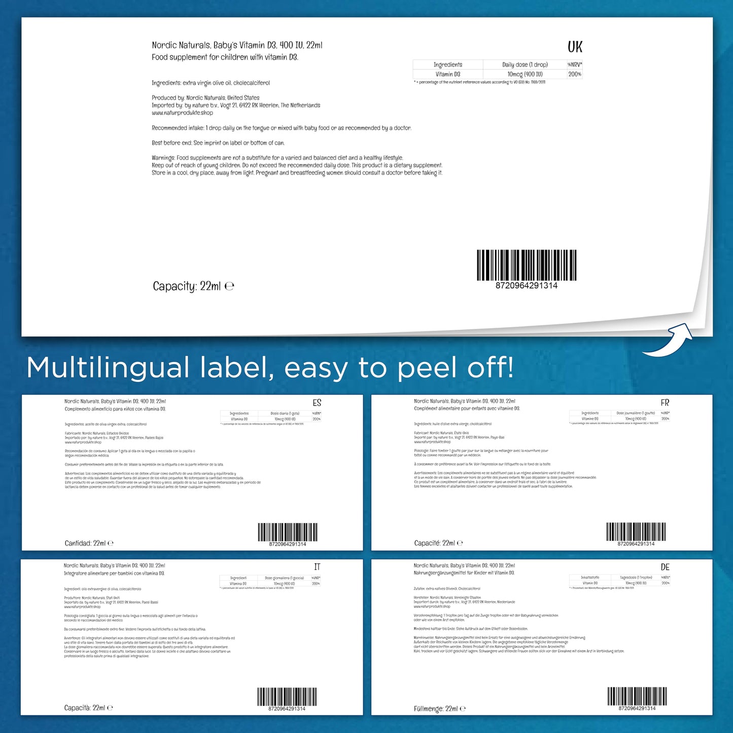 Nordic Naturals, Baby's Vitamin D3, 400IU, Cholecalciferol from Lanolin, Vitamin D Drops, 22ml, Gluten Free, Soy Free, Non-GMO