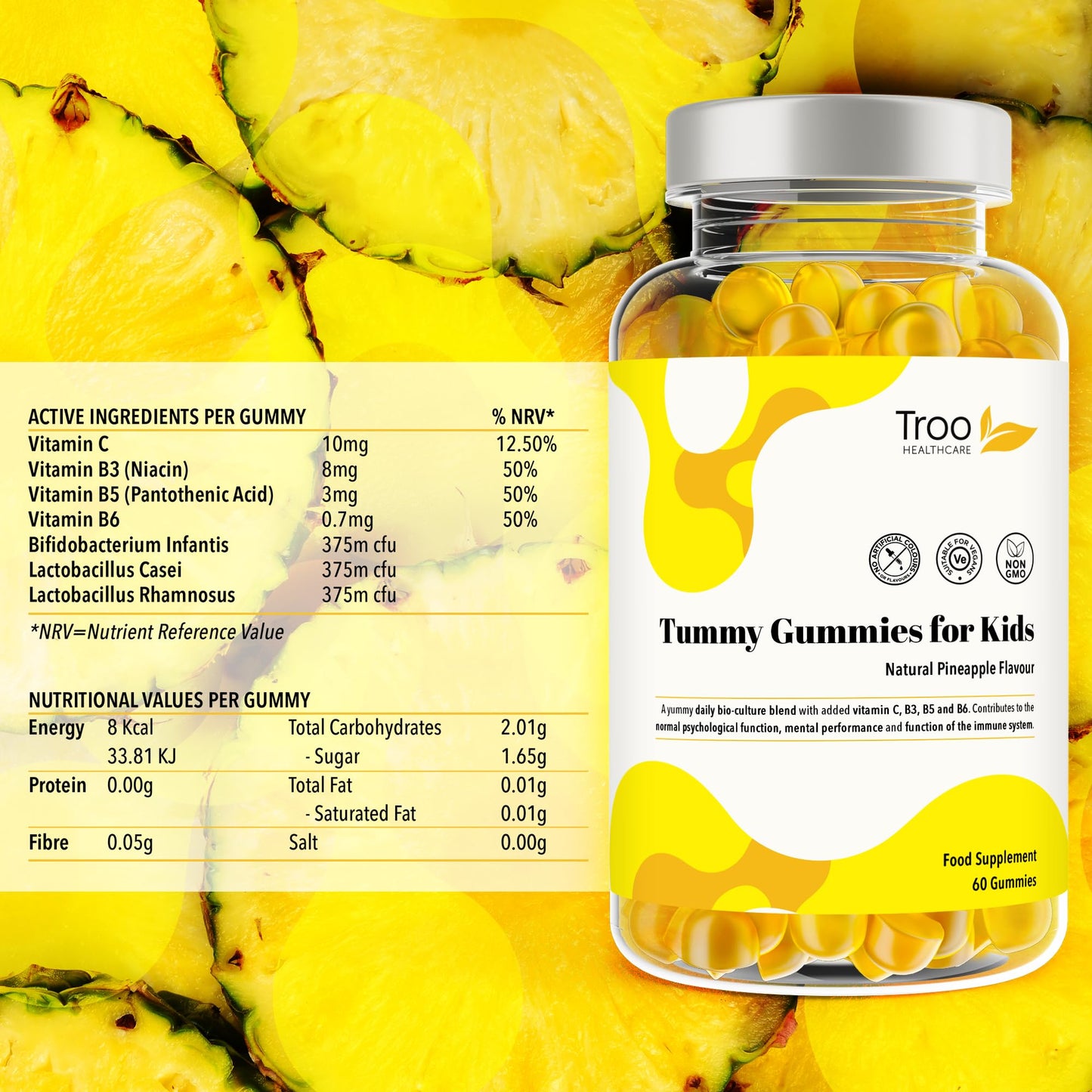 Tummy Gummies Probiotics with Vitamins for Kids & Adults - 60 Natural Pineapple Flavour Active Bacteria Gummies with Vitamin C, B3, B5 and B6 to support Immune Function and Mental Development