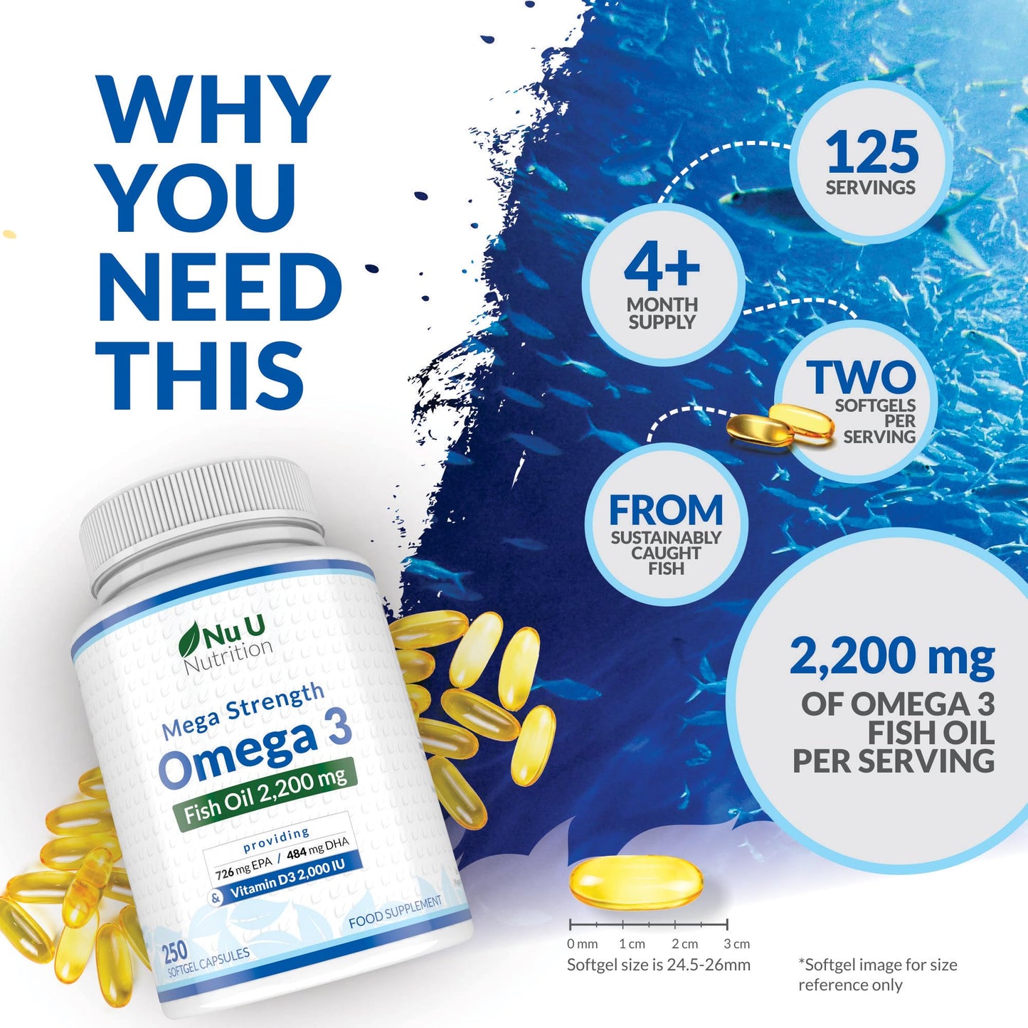 Omega 3 Fish Oil 2200mg & Vitamin D3 2000IU - 250 Capsules Over 4 Month Supply - 720mg EPA & 480mg DHA per Serving High Strength 1100mg Fish Oil per Capsule