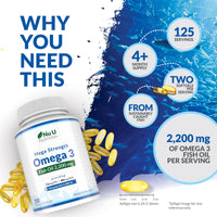 Omega 3 Fish Oil 2200mg & Vitamin D3 2000IU - 250 Capsules Over 4 Month Supply - 720mg EPA & 480mg DHA per Serving High Strength 1100mg Fish Oil per Capsule