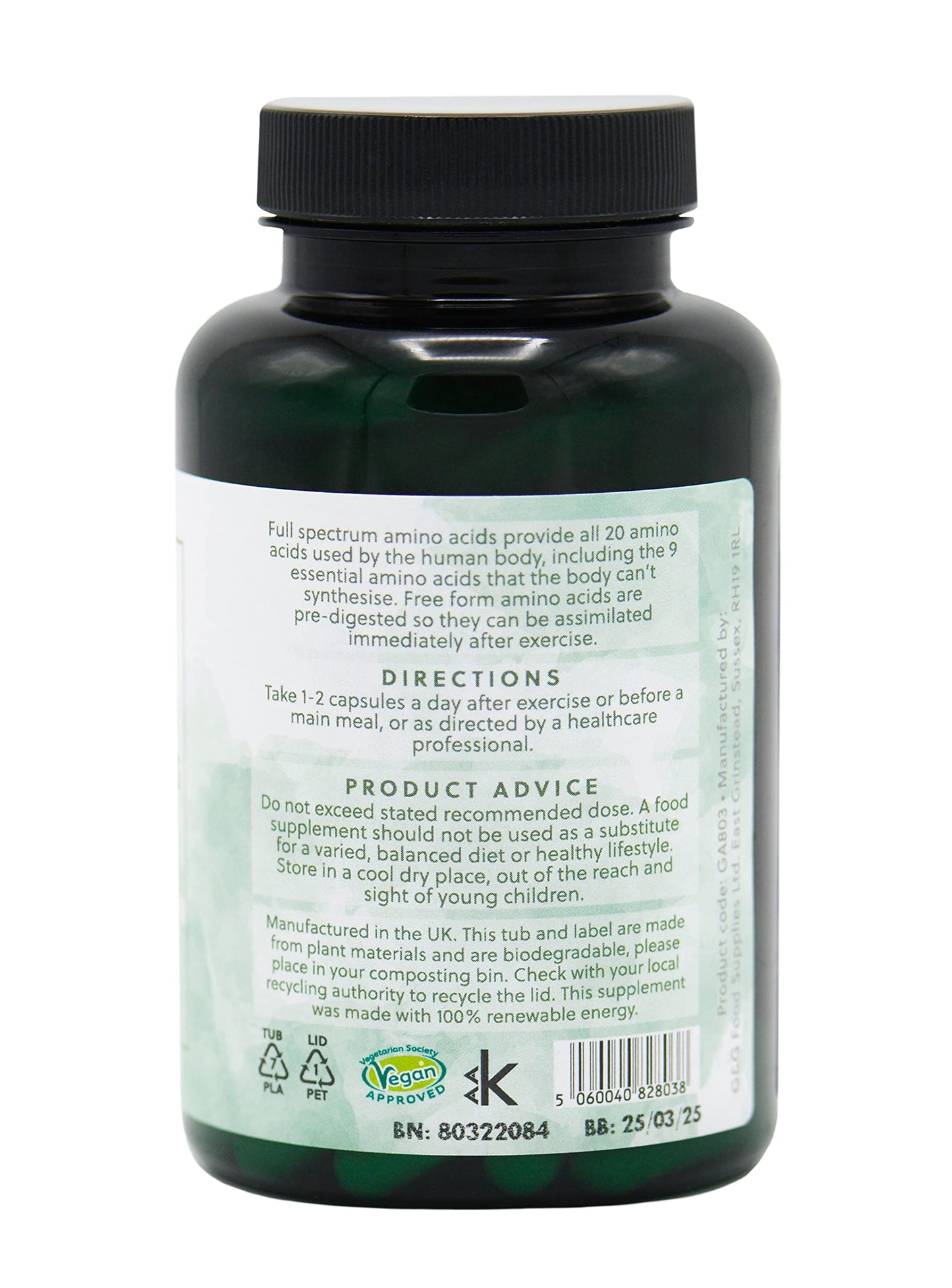 Full Spectrum Amino Acids Capsules | BCAA | Free Form Amino Acids | 120 Vegan Capsules | G&G Vitamins- 120 Capsules