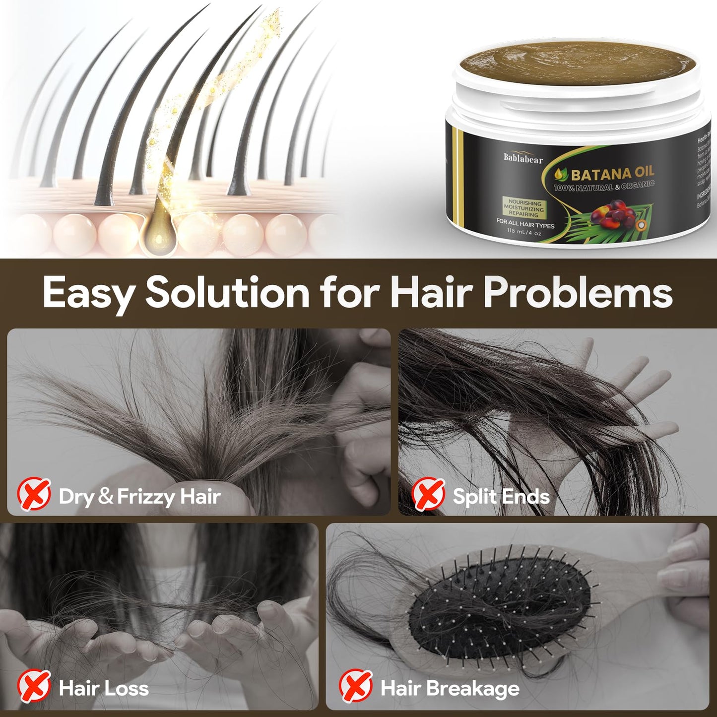 Ingbear Batana Oil, Natural Organic Hair Oil Repairs Damaged Hair, Prevents Hair Loss and Enhances Hair Thickness for Men & Women 4oz