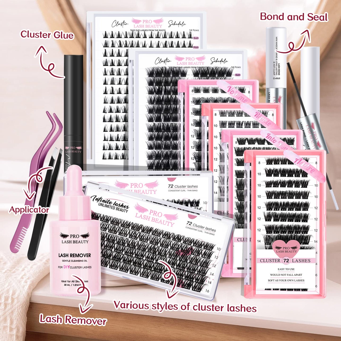 PRO LASHBEAUTY PRO Lash Clusters, 72 Pcs Individual Cluster Lashes 3D Effect DIY Lash Extension 8-16mm Eyelash Clusters Volume Wispy Lashes Super Thin Band Reusable Soft & Comfortable(Adore-3D Fluffy,D-8-16mix)