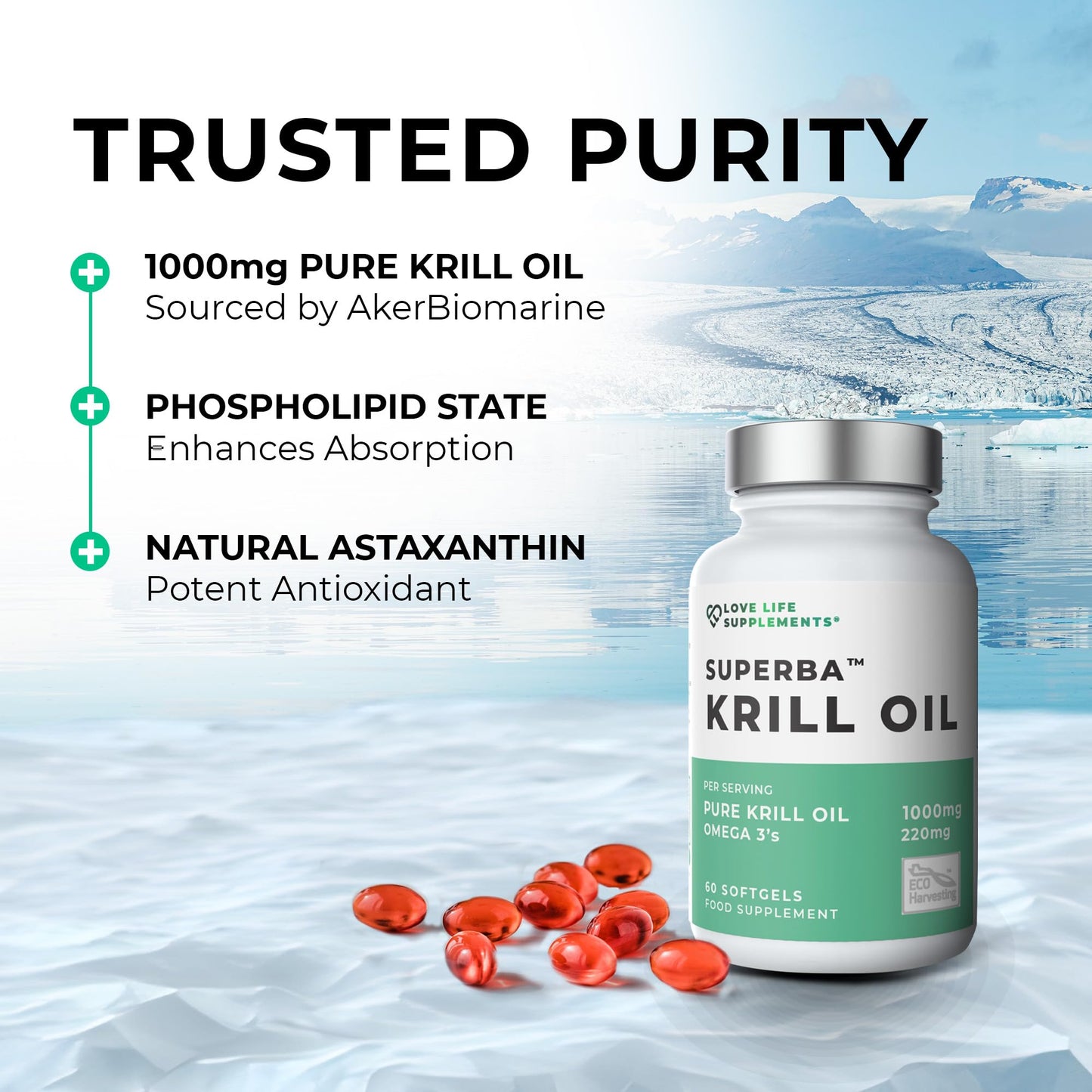 LOVE LIFE SUPPLEMENTS Krill Oil Omega 3 Capsules High Strength 1000mg | Sustainably Fished in Antarctic | 60 Red Softgels | Joint Care Supplements | with Powerful Antioxidant Astaxanthin and Phospholipids for Absorption