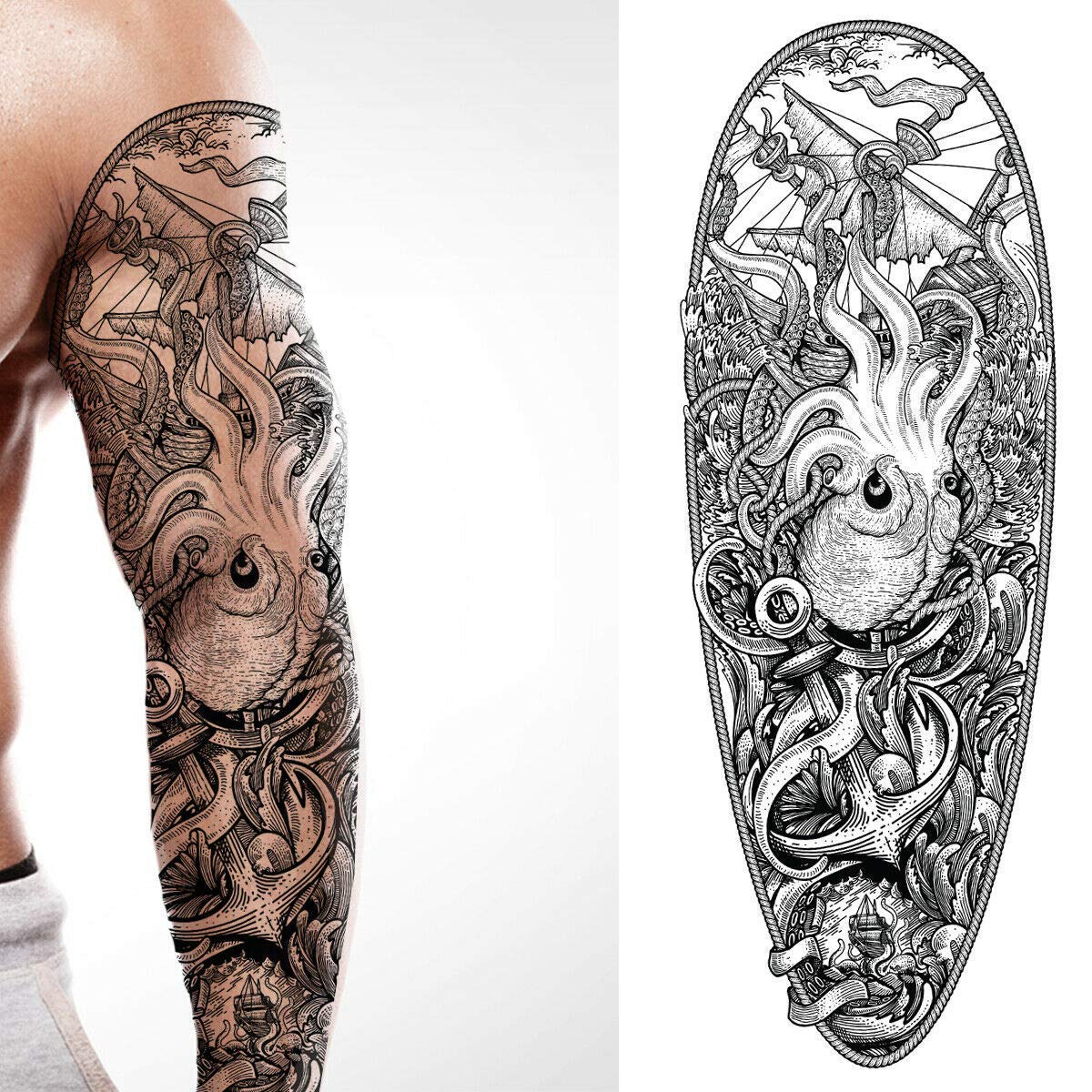 Tatodays temporary tattoo full arm caribbean pirate kraken sailor stick on body art transfer for women and men cosplay halloween adult temp tattoo for arms fancy dress