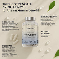 AAVALABS Triple Zinc Supplements for Men and Women - 25mg - with Natural Vitamin C - Zinc Picolinate, Bisglycinate and Monomethionine - 180 Capsules - 6 Months Supply