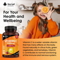 NEW LEAF PRODUCTS Vitamin C Tablets 1000mg - Enriched with Bioflavonoids & Rosehip - Premium Vitamin C Supplements - 360 Vegan Vitamin C Tablets High Strength Ascorbic Acid VIT C for Normal Immune System UK Made