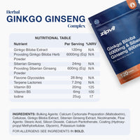 Zipvit Ginkgo Biloba 6000mg & Siberian Ginseng 600mg with Vitamins B3 & B5 Pouch, 120 Vegan Tablets, Supports Energy & Mental Performance, 4 Month Supply