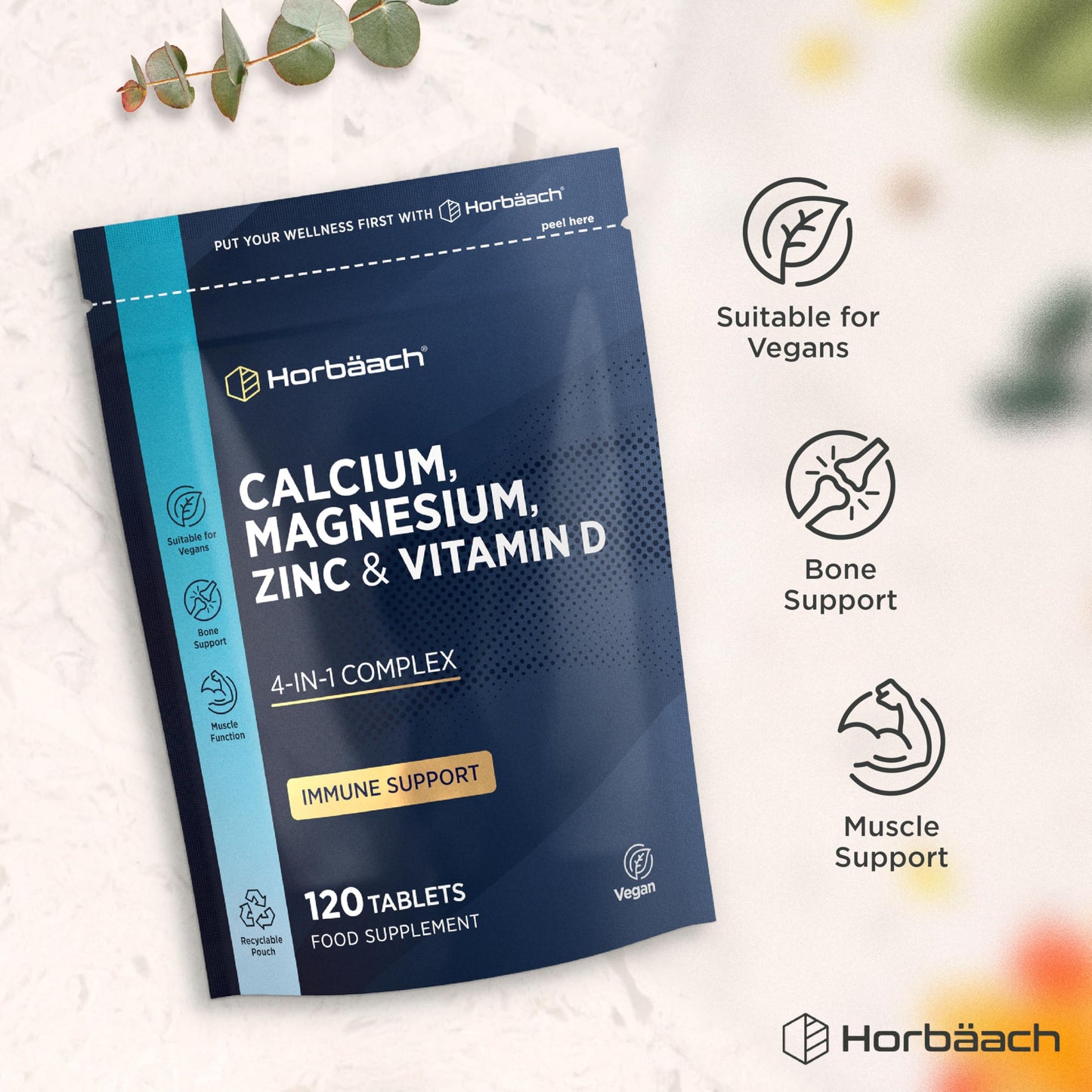 Horbäach Calcium Tablets with Magnesium Zinc and Vitamin D | 100% Vegan | High Strength Complex | 120 Count | Supplement for Women & Men | by Horbaach