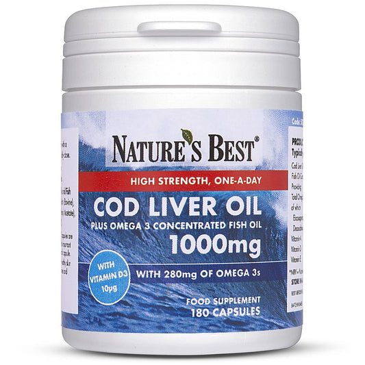 High Strength Cod Liver Oil Capsules 1000mg | 180 Capsules | One-A-Day | 6 month's Supply | Taste Free | Omega 3s with Vitamin D3 10µg | UK Made | 5-Stage Purification Process