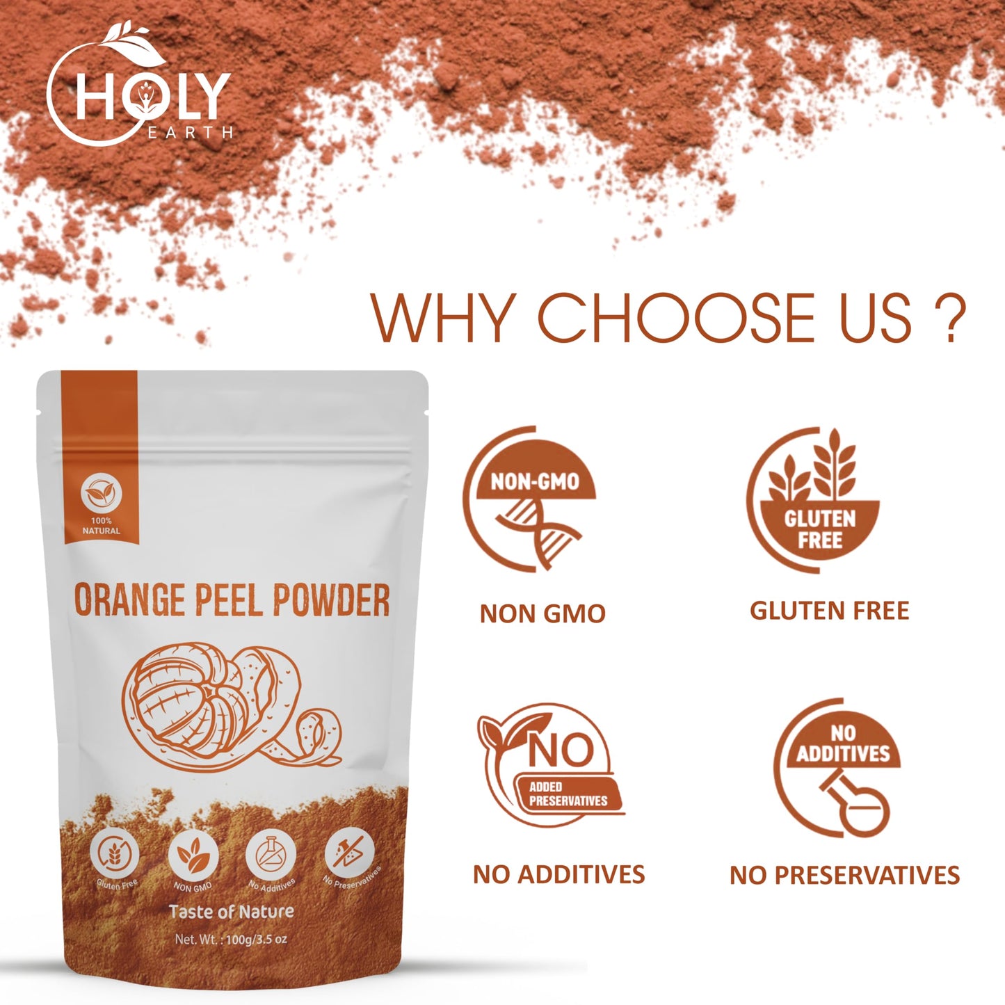 Holy Earth 100% Pure Orange Peel Powder 100g (Citrus sinensis) - Organic Citrus Powder for Skin Brightening, Detoxification, & Culinary Uses | Rich in Vitamin C & Antioxidants | Non-GMO, Vegan, Gluten